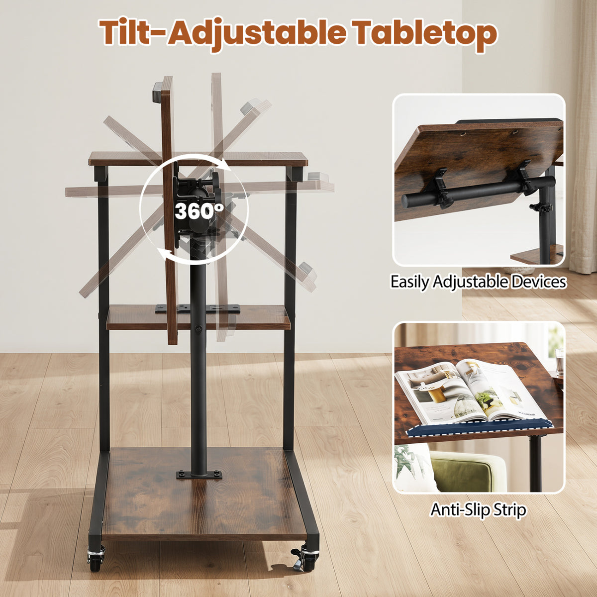 3-Tier Mobile Couch Side Table with Tiltable Tabletop-1 Piece