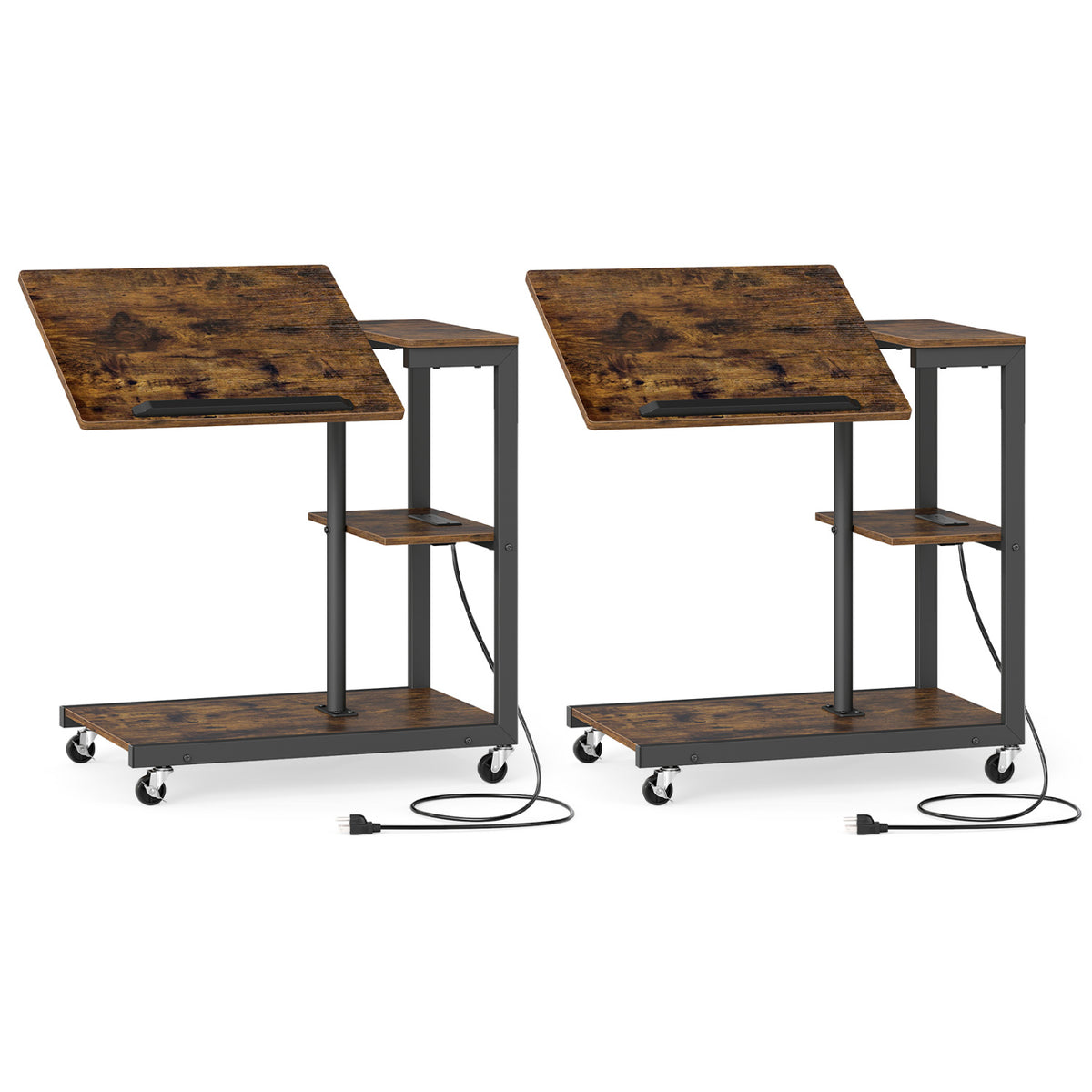 3-Tier Mobile Couch Side Table with Tiltable Tabletop-2 Piece