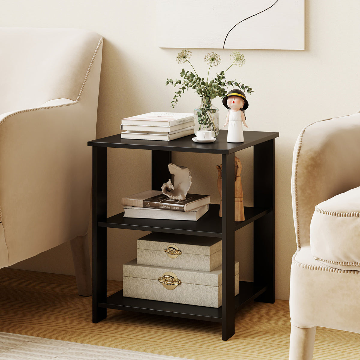 3-Tier Modern Nightstand Square Side Table with Open Storage Shelves-Black