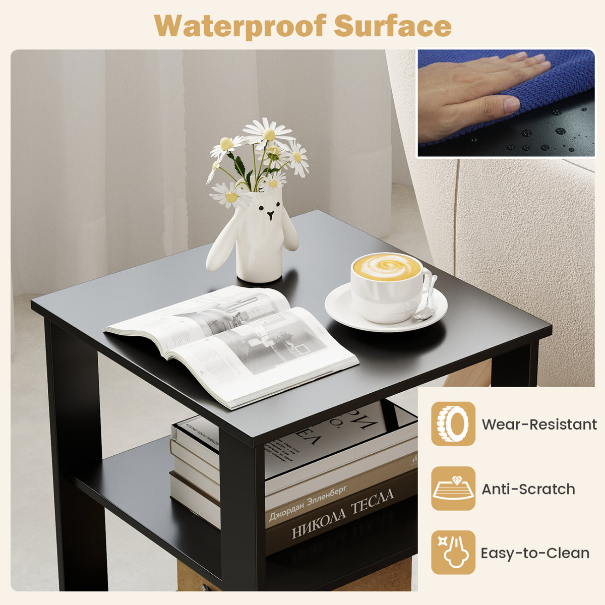 3-Tier Modern Nightstand Square Side Table with Open Storage Shelves-Black