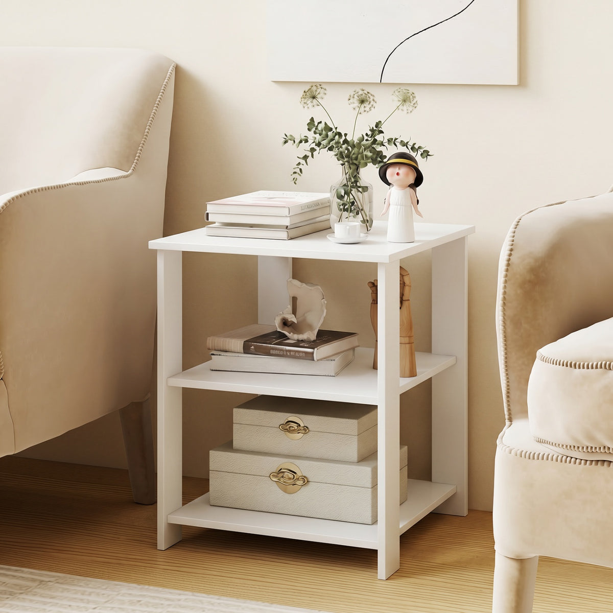3-Tier Modern Nightstand Square Side Table with Open Storage Shelves-White
