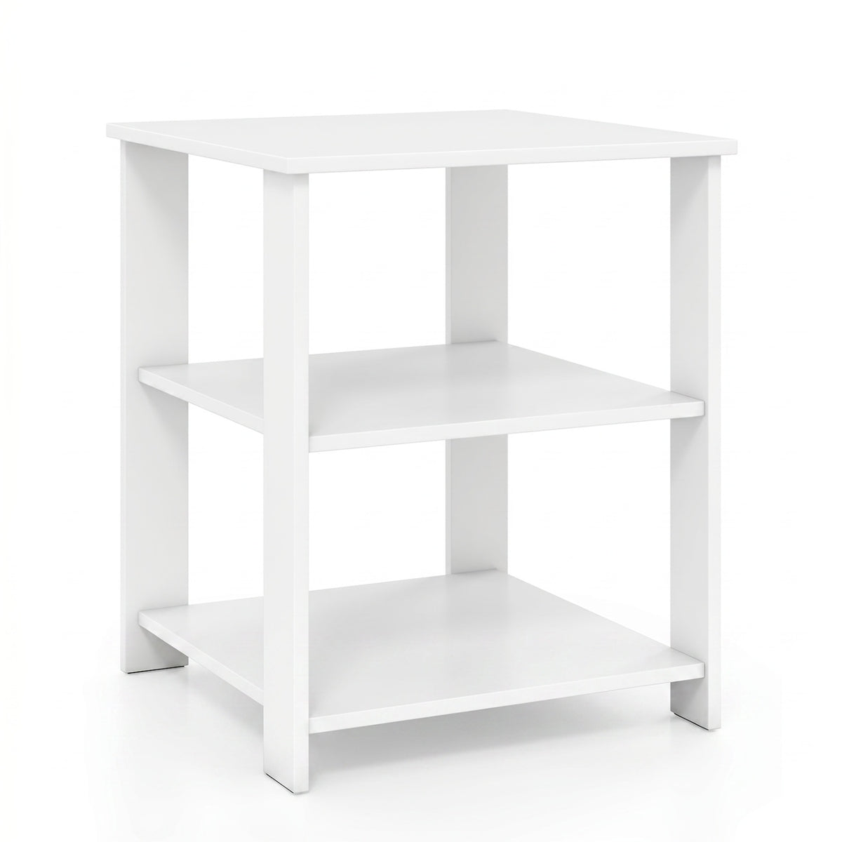 3-Tier Modern Nightstand Square Side Table with Open Storage Shelves-White