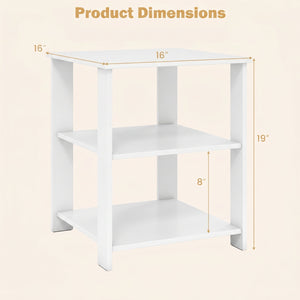3-Tier Modern Nightstand Square Side Table with Open Storage Shelves-White