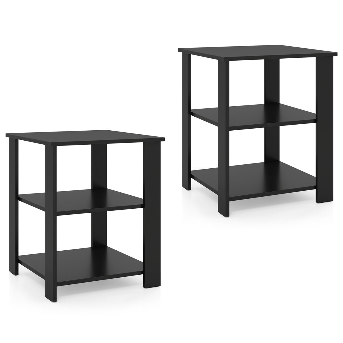 3-Tier Modern Nightstand Square Side Table with Open Storage Shelves Set of 2-Black