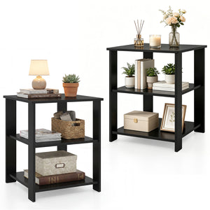 3-Tier Modern Nightstand Square Side Table with Open Storage Shelves Set of 2-Black