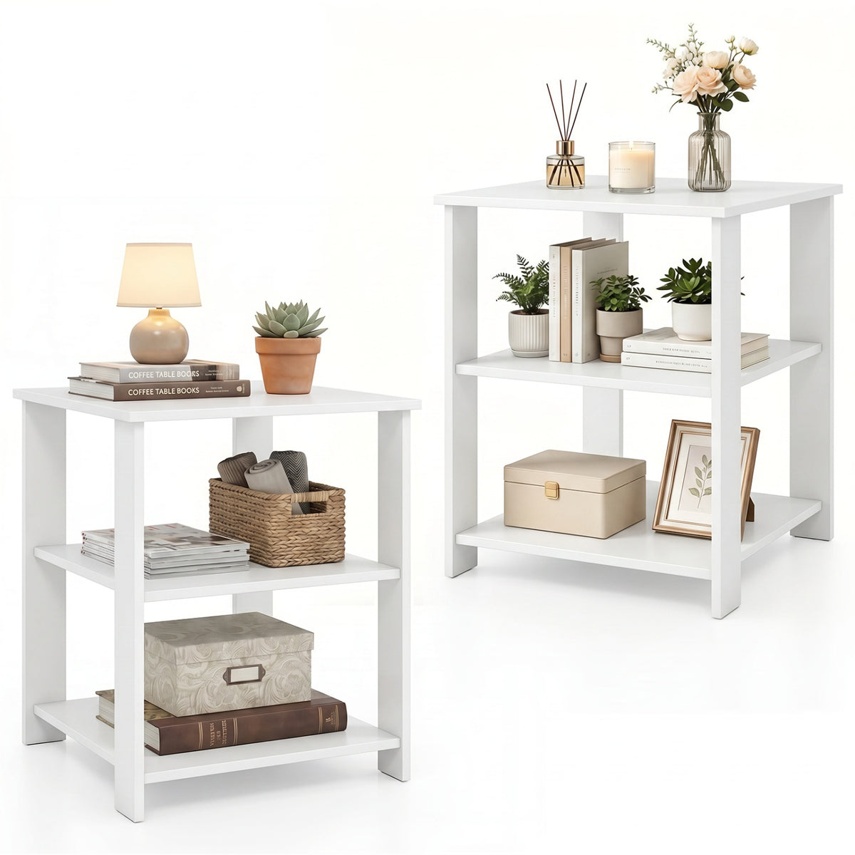 3-Tier Modern Nightstand Square Side Table with Open Storage Shelves Set of 2-White