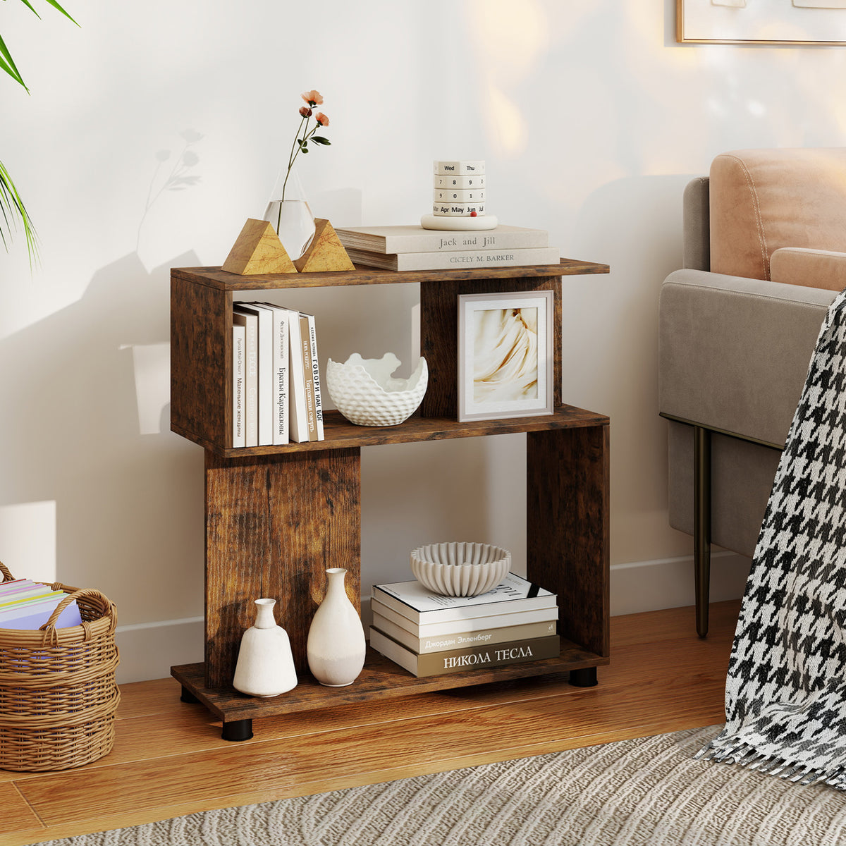 3-Tier Modern S-shaped Bookshelf with Adjustable Feet-Rustic Brown
