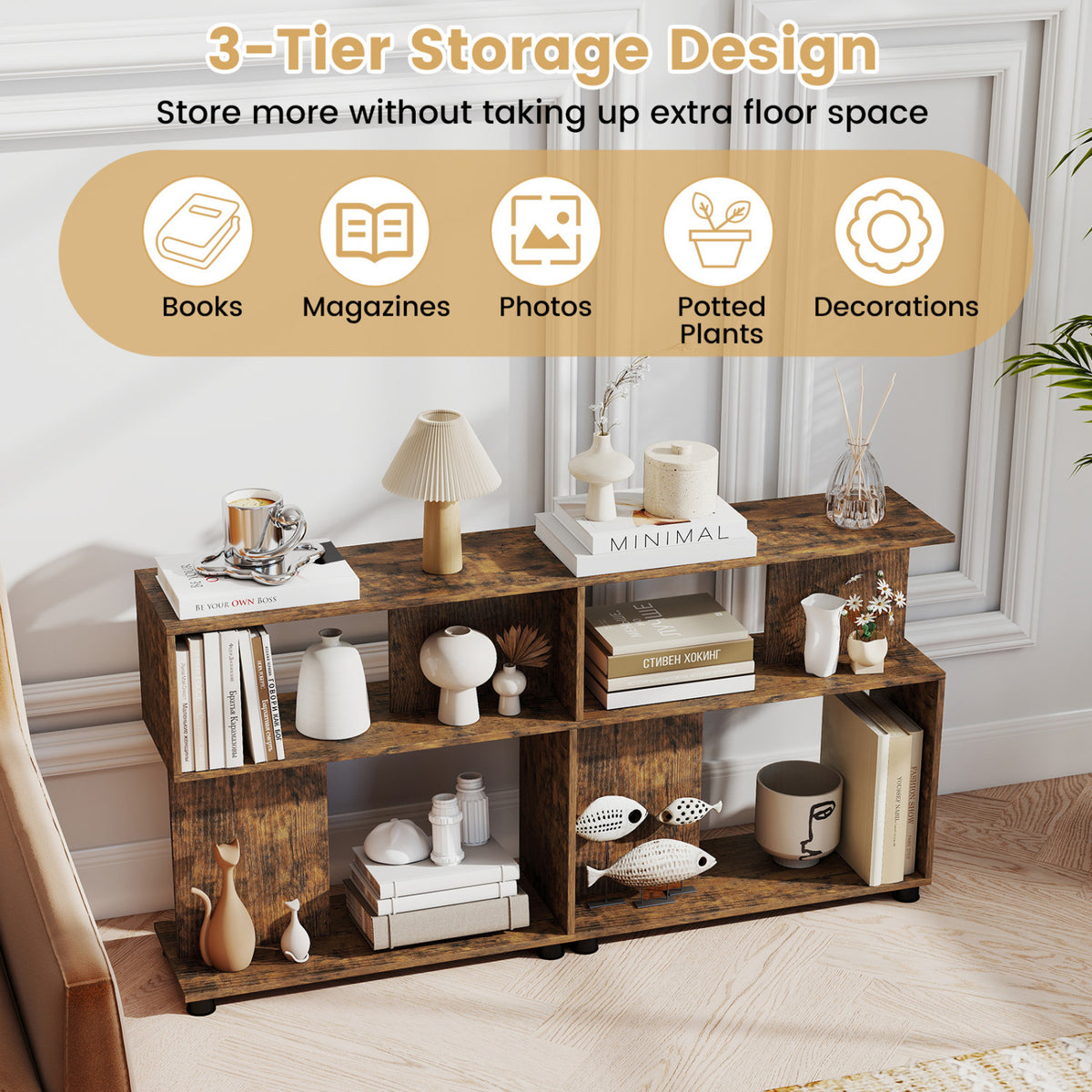 3-Tier Modern S-shaped Bookshelf with Adjustable Feet-Rustic Brown