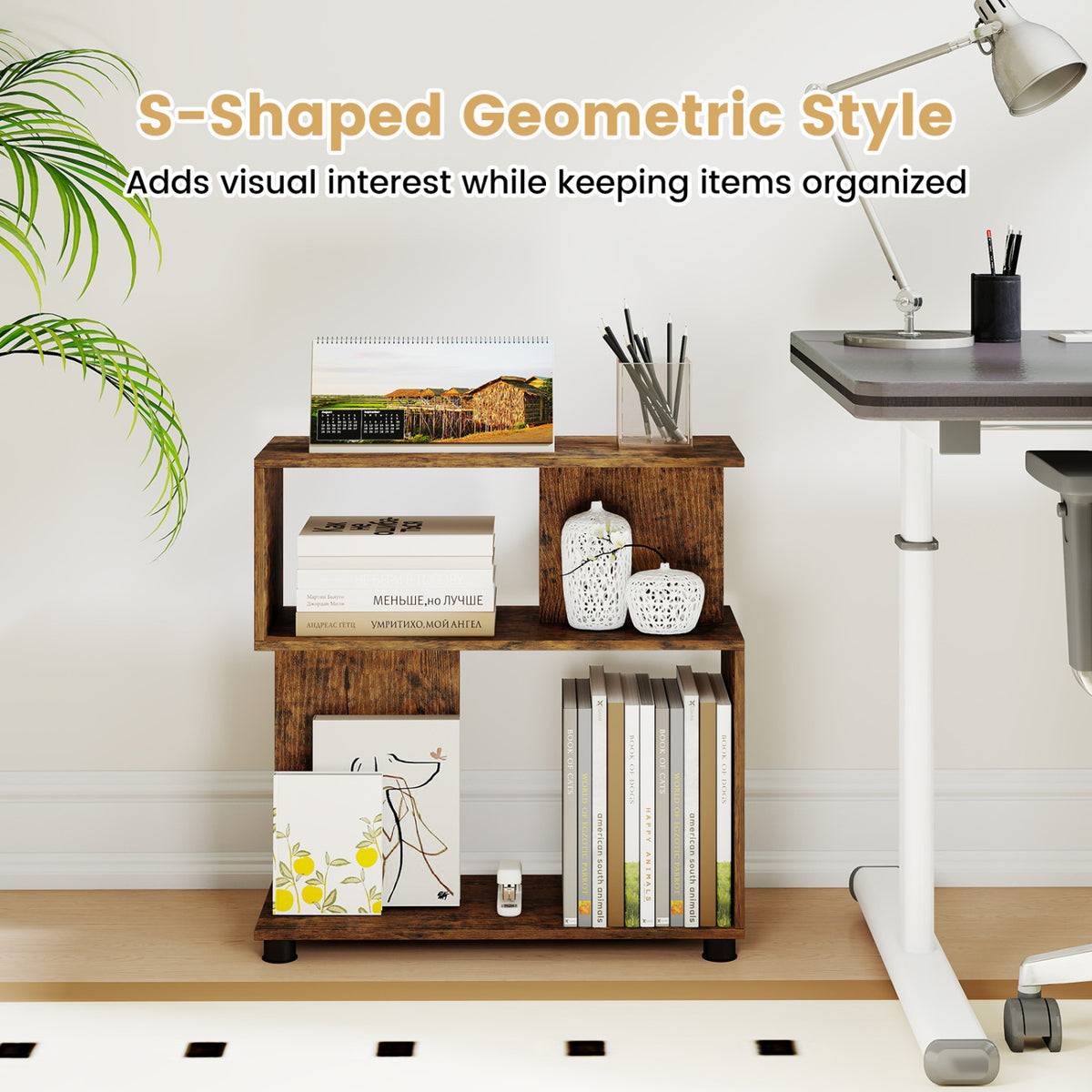 3-Tier Modern S-shaped Bookshelf with Adjustable Feet-Rustic Brown
