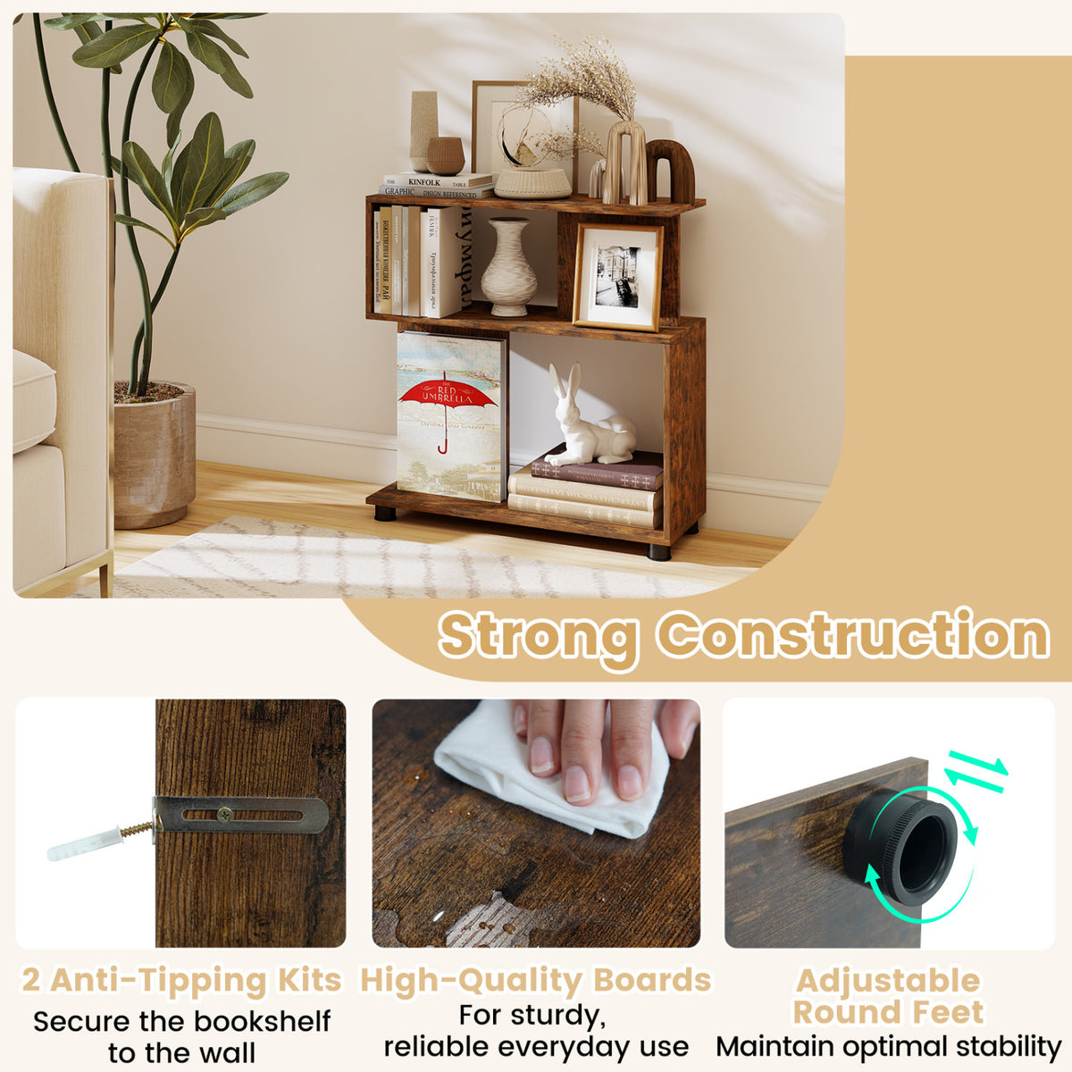 3-Tier Modern S-shaped Bookshelf with Adjustable Feet-Rustic Brown