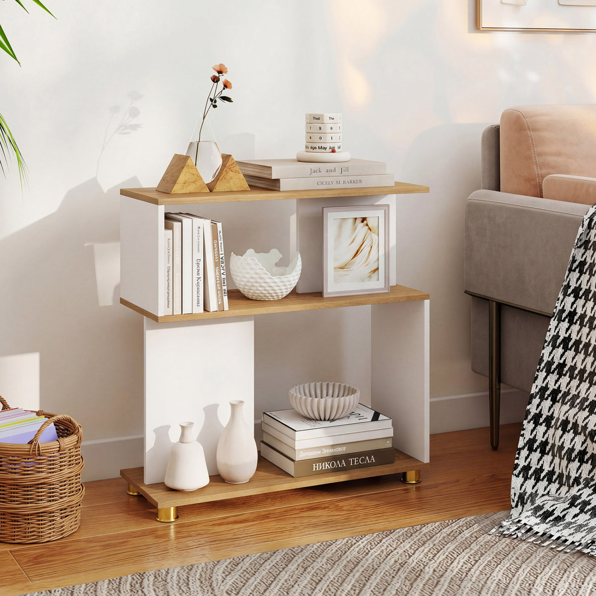 3-Tier Modern S-shaped Bookshelf with Adjustable Feet-White