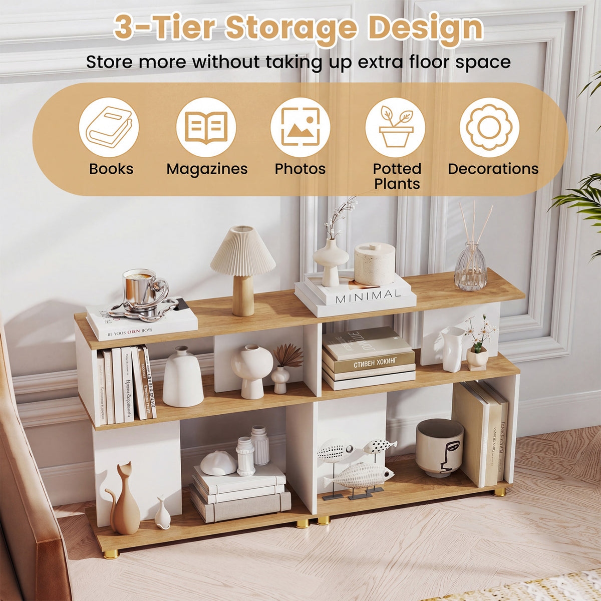 3-Tier Modern S-shaped Bookshelf with Adjustable Feet-White