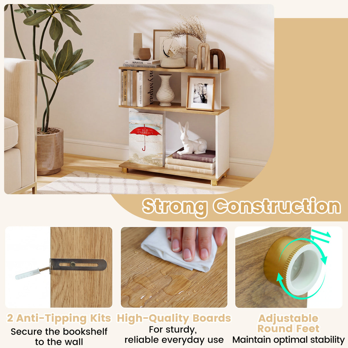 3-Tier Modern S-shaped Bookshelf with Adjustable Feet-White