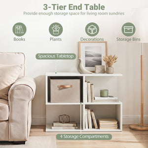 3-Tier Modern S-shaped  End Table  with 4 Storage Cubes-White
