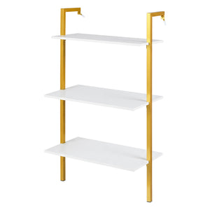 3-Tier Modern Wall Mounted Shelves Wooden Floating Shelving Unit Metal Ladder Bookshelf-White