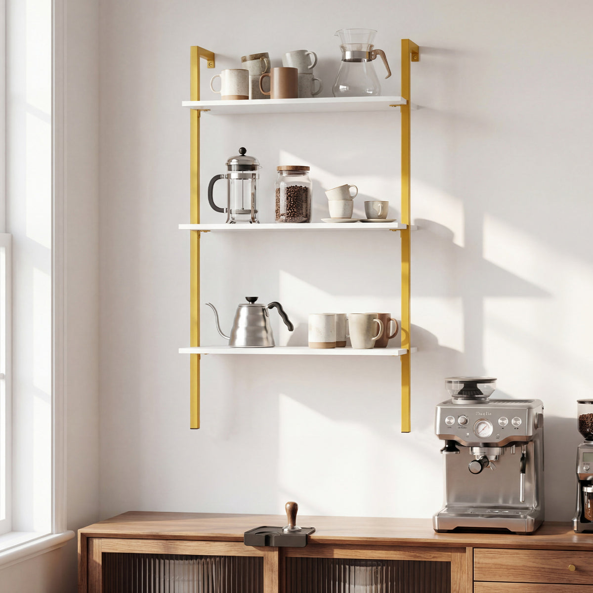 3-Tier Modern Wall Mounted Shelves Wooden Floating Shelving Unit Metal Ladder Bookshelf-White