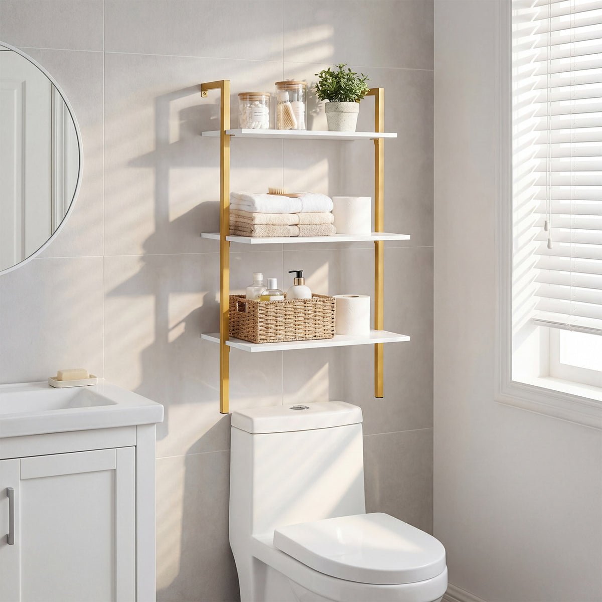 3-Tier Modern Wall Mounted Shelves Wooden Floating Shelving Unit Metal Ladder Bookshelf-White