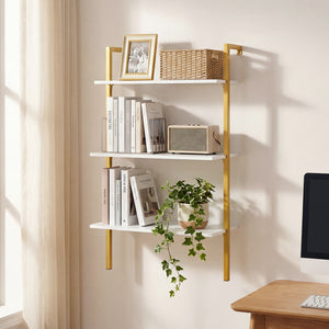 3-Tier Modern Wall Mounted Shelves Wooden Floating Shelving Unit Metal Ladder Bookshelf-White