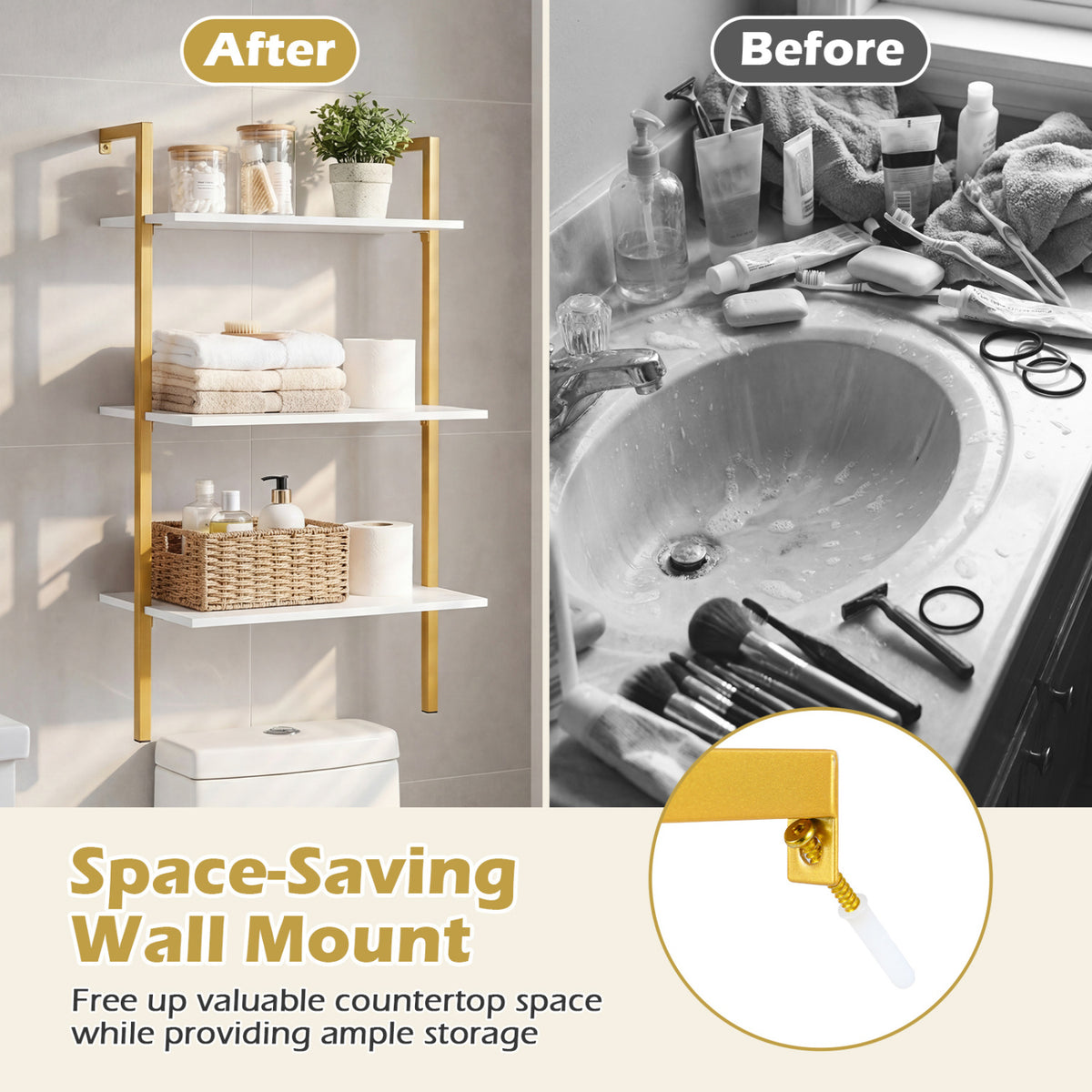 3-Tier Modern Wall Mounted Shelves Wooden Floating Shelving Unit Metal Ladder Bookshelf-White