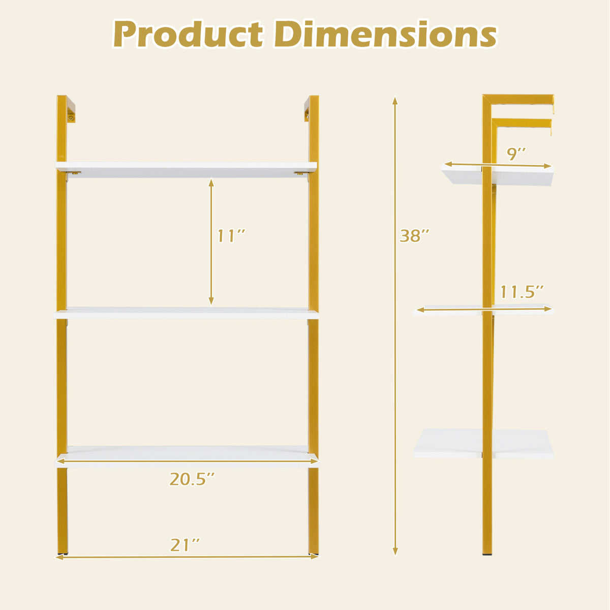3-Tier Modern Wall Mounted Shelves Wooden Floating Shelving Unit Metal Ladder Bookshelf-White