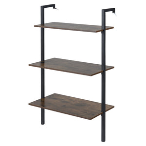 3-Tier Modern Wall Mounted Shelves Wooden Floating Shelving Unit Metal Ladder Bookshelf-Rustic Brown
