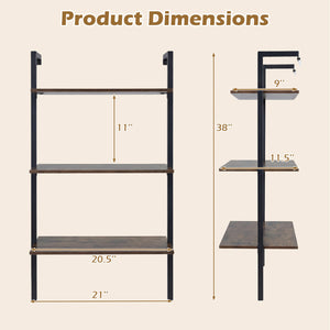 3-Tier Modern Wall Mounted Shelves Wooden Floating Shelving Unit Metal Ladder Bookshelf-Rustic Brown