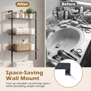3-Tier Modern Wall Mounted Shelves Wooden Floating Shelving Unit Metal Ladder Bookshelf-Rustic Brown