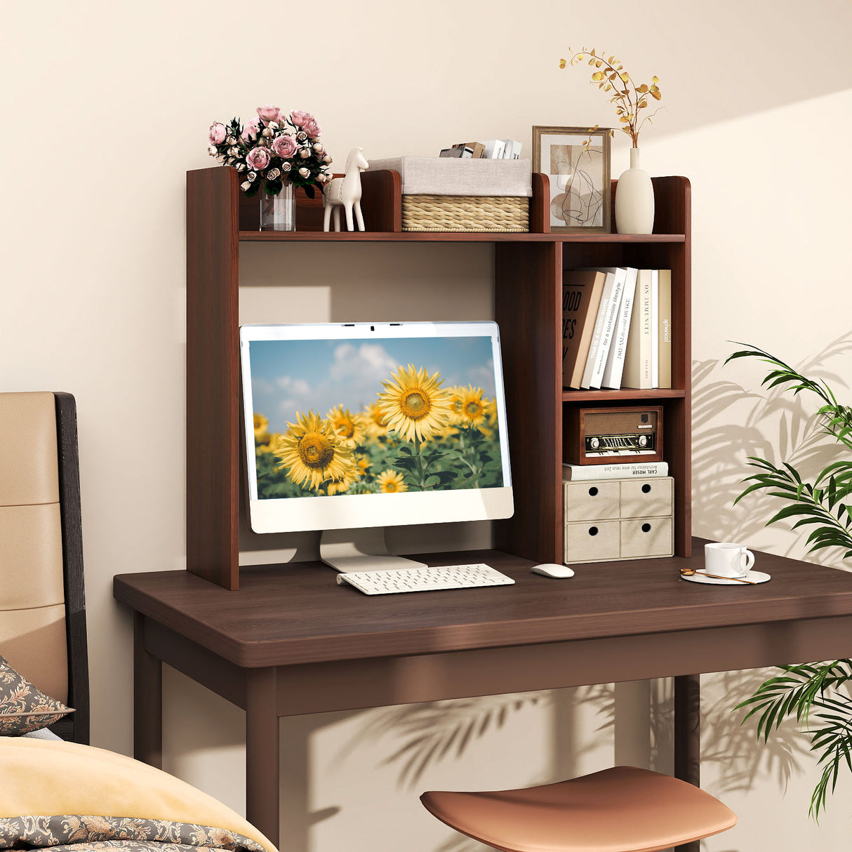 3-Tier Multipurpose Desk Bookshelf with 4 Shelves-Walnut