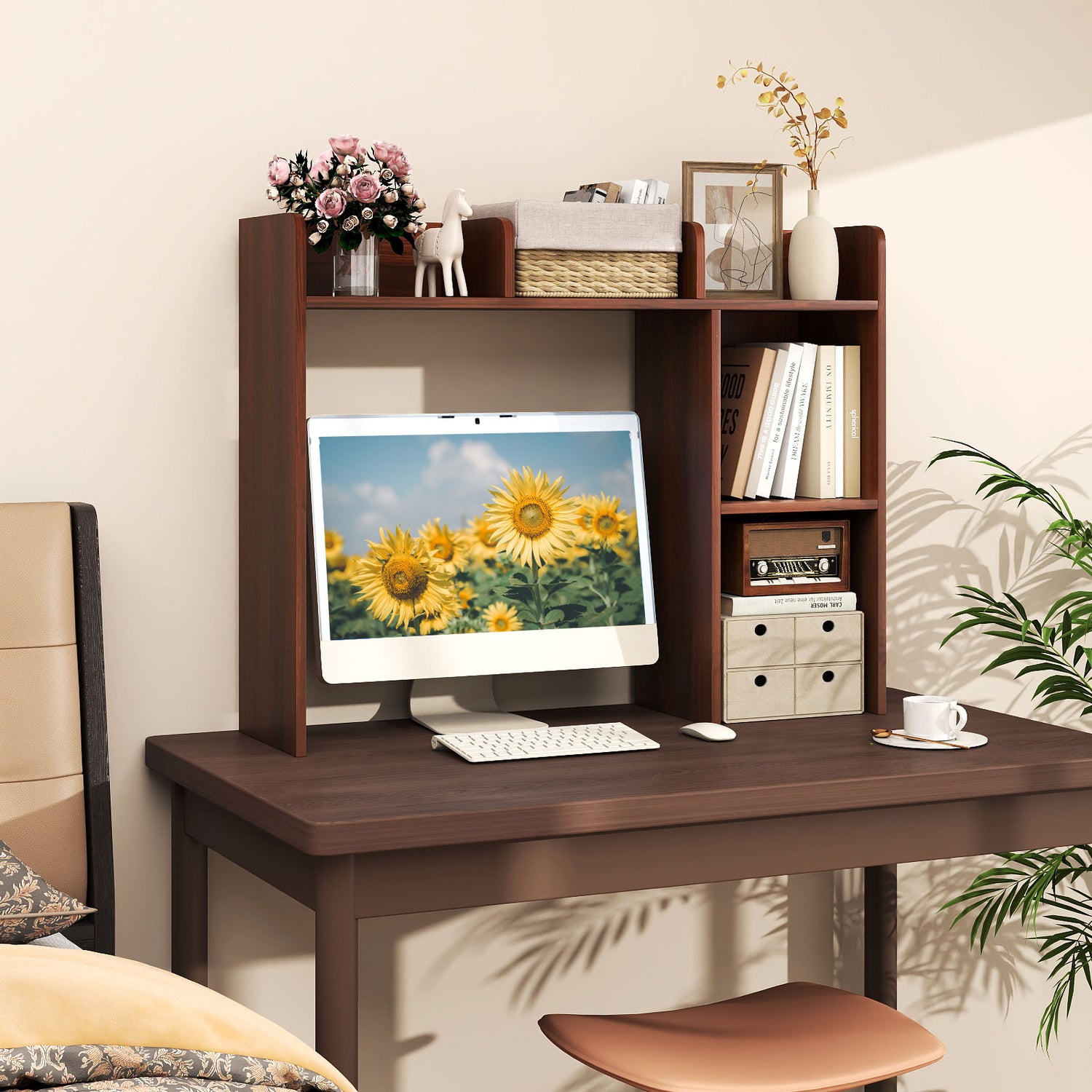 3-Tier Multipurpose Desk Bookshelf with 4 Shelves-Walnut