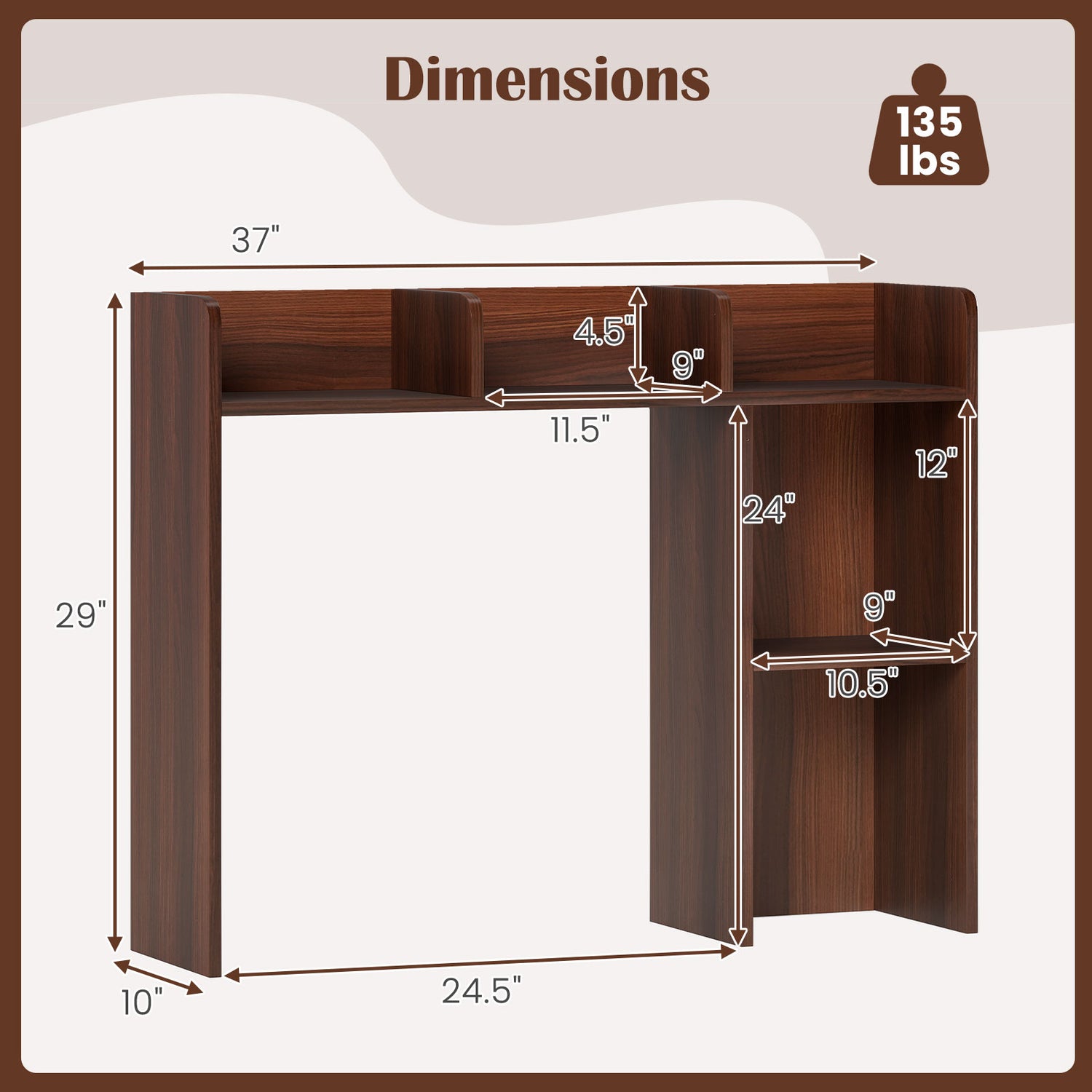 3-Tier Multipurpose Desk Bookshelf with 4 Shelves-Walnut