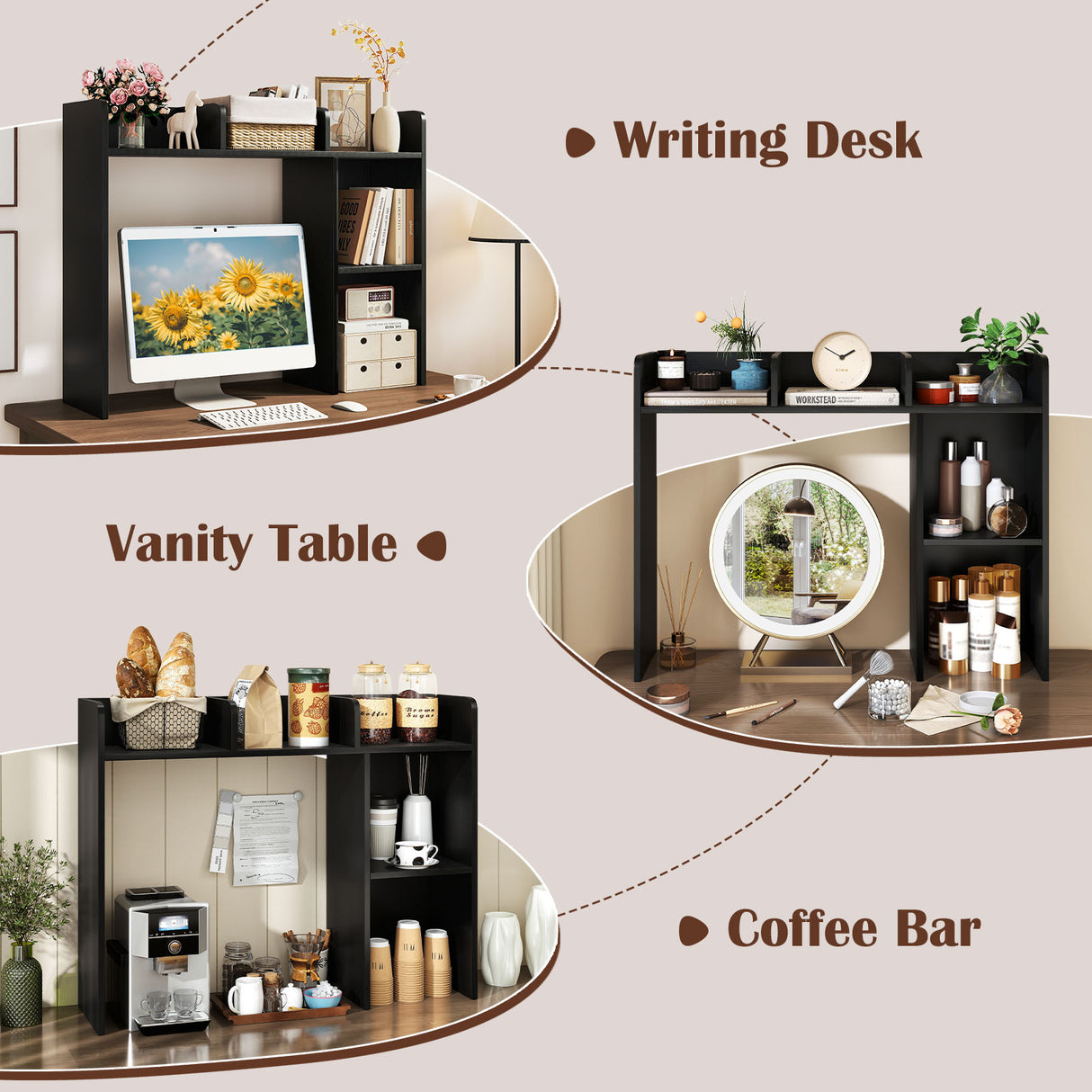 3-Tier Multipurpose Desk Bookshelf with 4 Shelves-Black