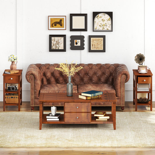 3-Tier Narrow End Table with Drawer and Storage Shelves Set of 2-Brown