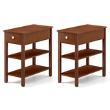3-Tier Narrow End Table with Drawer and Storage Shelves Set of 2-Brown