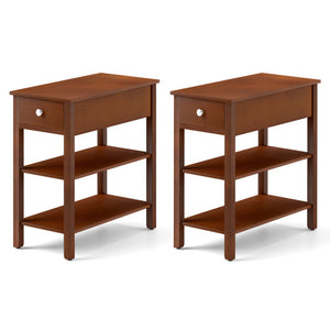 3-Tier Narrow End Table with Drawer and Storage Shelves Set of 2-Brown