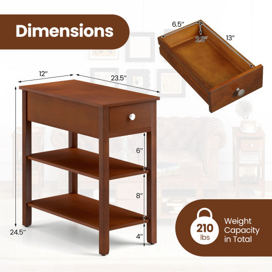 3-Tier Narrow End Table with Drawer and Storage Shelves Set of 2-Brown