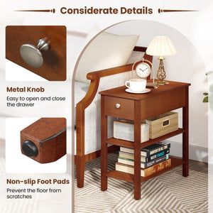 3-Tier Narrow End Table with Drawer and Storage Shelves Set of 2-Brown