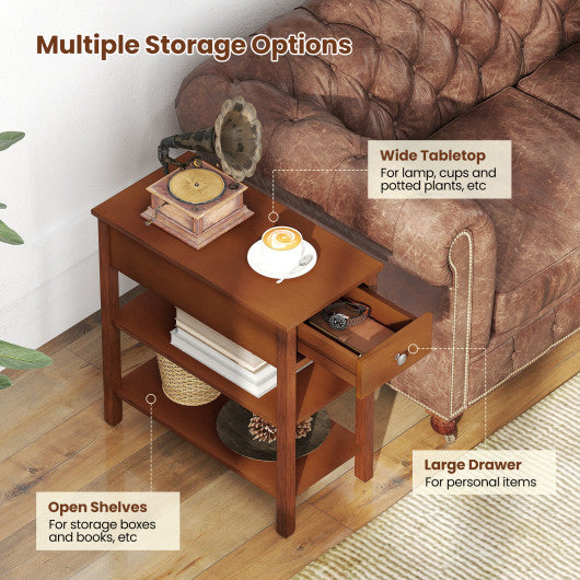 3-Tier Narrow End Table with Drawer and Storage Shelves Set of 2-Brown