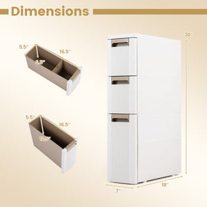 3-Tier Narrow Storage Cabinet  Slim Rolling Cart with 3 Drawers and 2 Removable Dividers-S