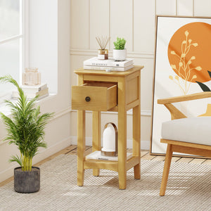 3-Tier Nightstand with Drawer and Open Storage Shelf-Natural