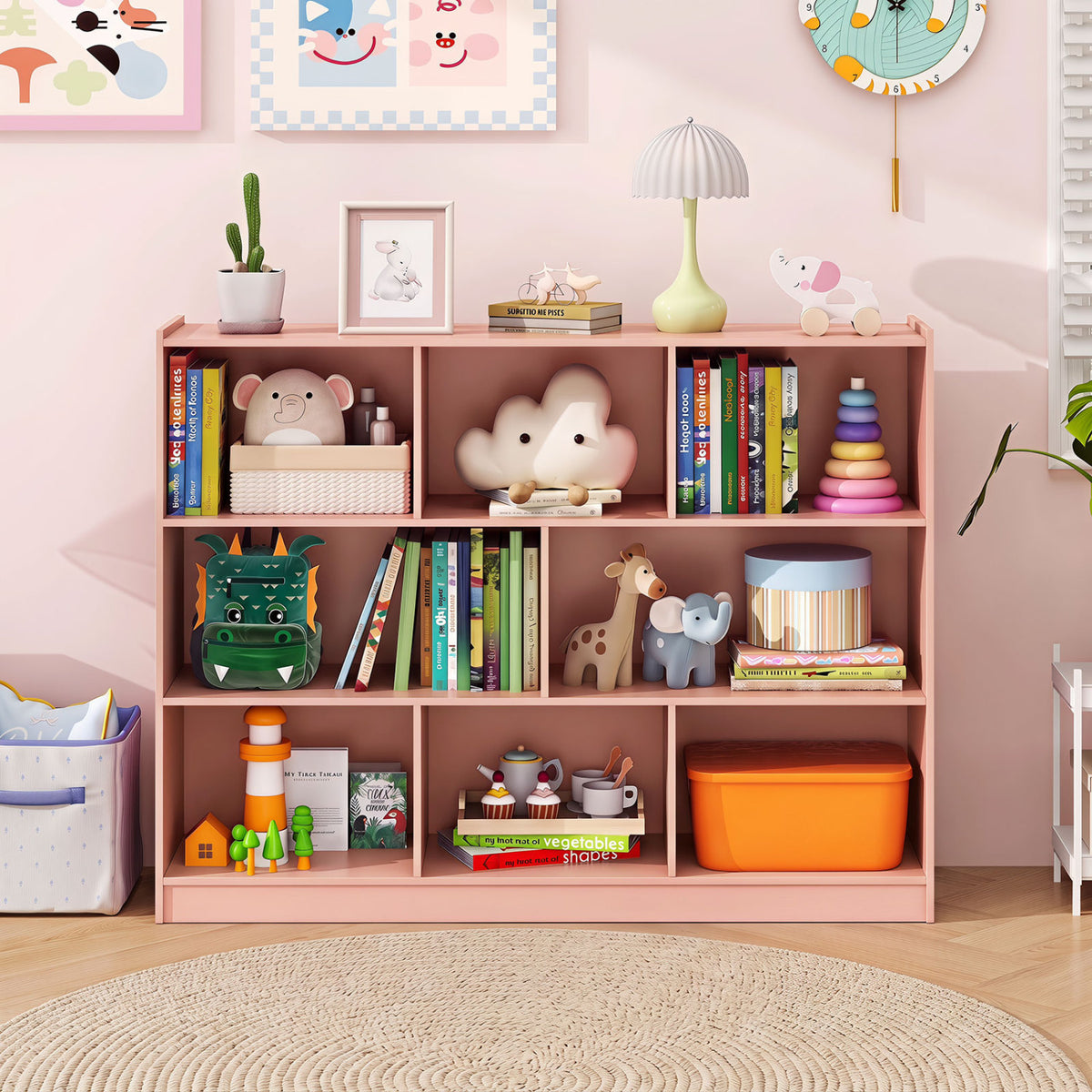 3-Tier Open Bookcase 8-Cube Floor Standing Storage Shelves-Pink