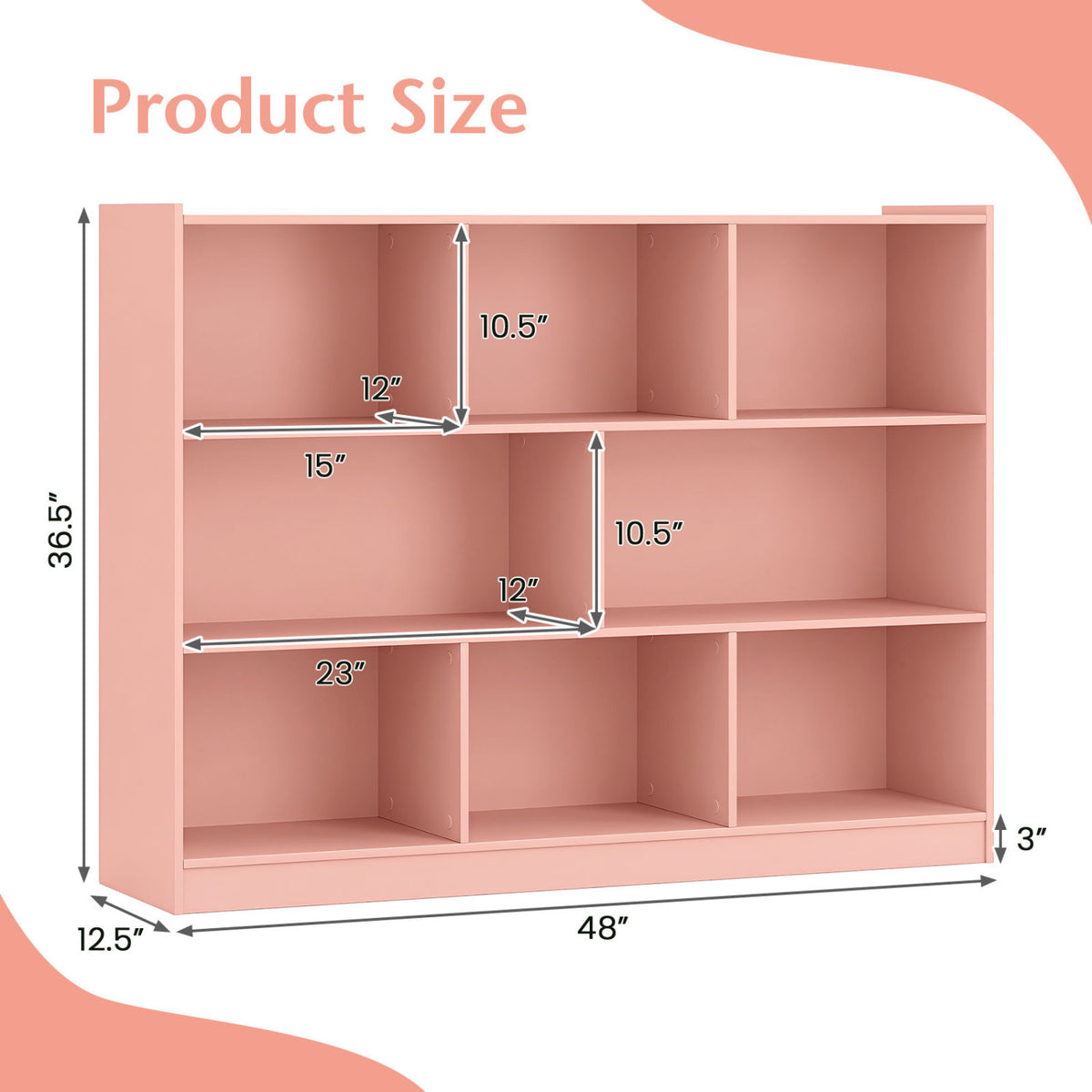 3-Tier Open Bookcase 8-Cube Floor Standing Storage Shelves-Pink