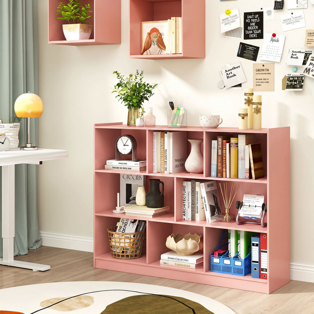 3-Tier Open Bookcase 8-Cube Floor Standing Storage Shelves-Pink