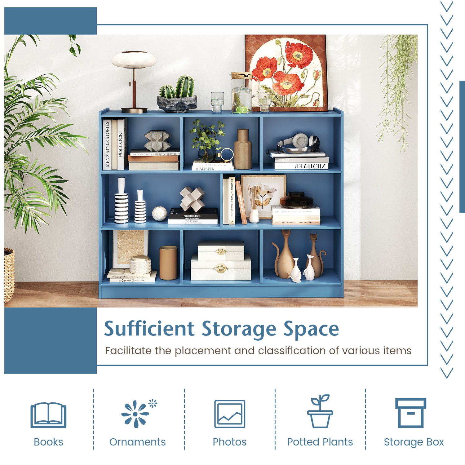 3-Tier Open Bookcase 8-Cube Floor Standing Storage Shelves-Blue
