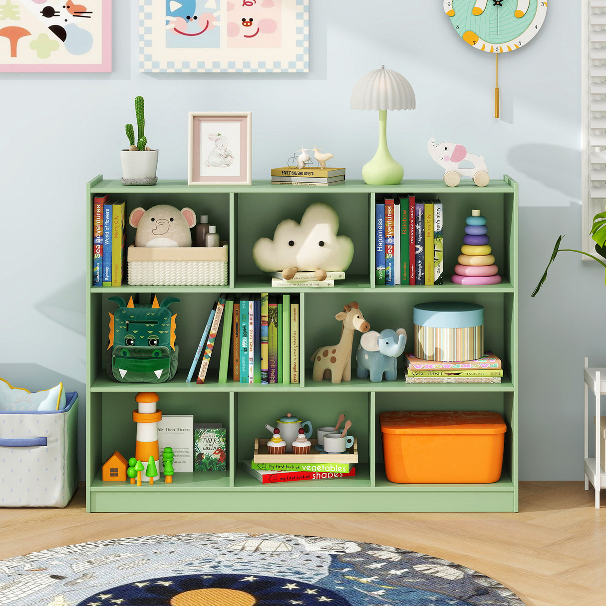 3-Tier Open Bookcase 8-Cube Floor Standing Storage Shelves-Green