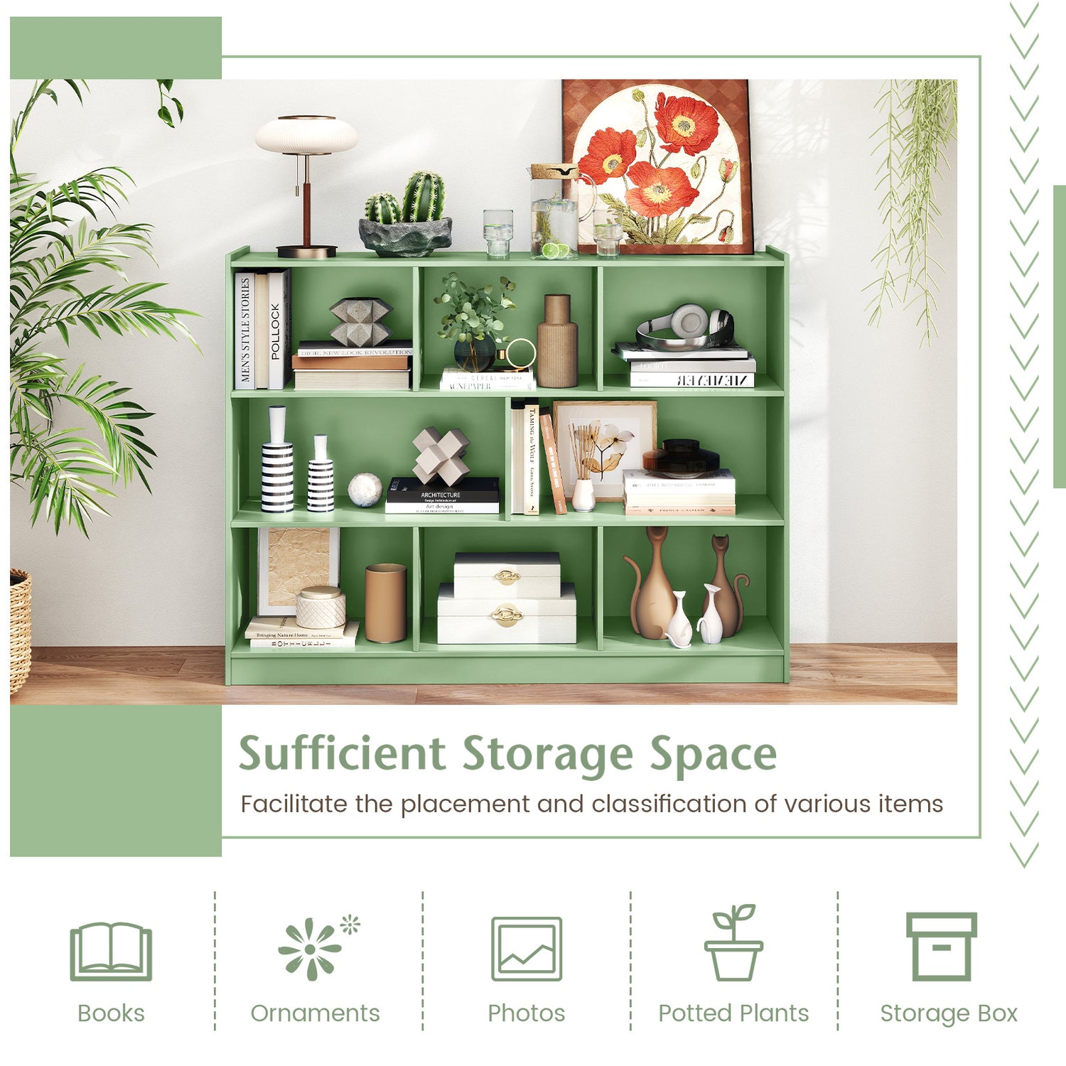 3-Tier Open Bookcase 8-Cube Floor Standing Storage Shelves-Green