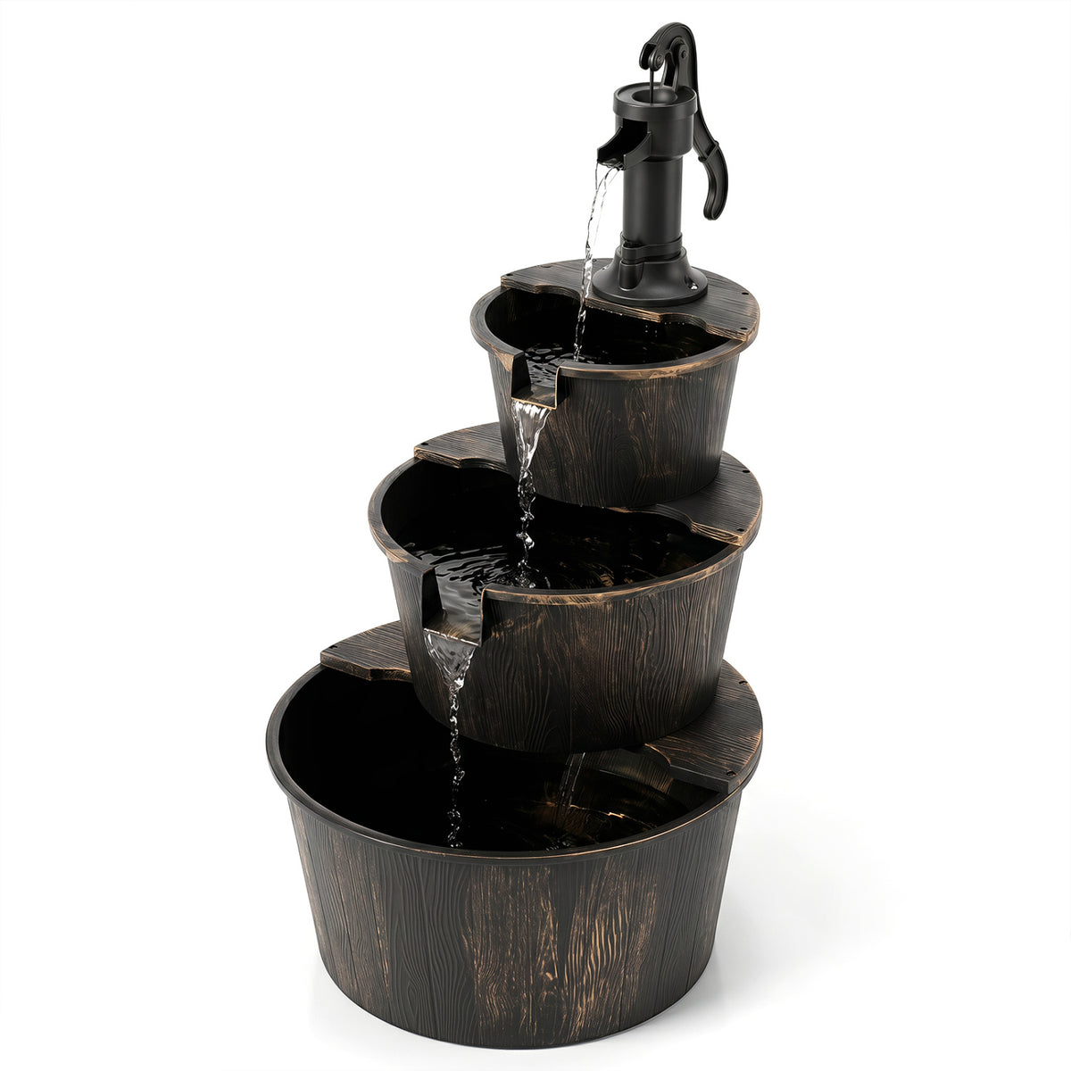 3-Tier Outdoor Barrel Waterfall Fountain with Electric Pump