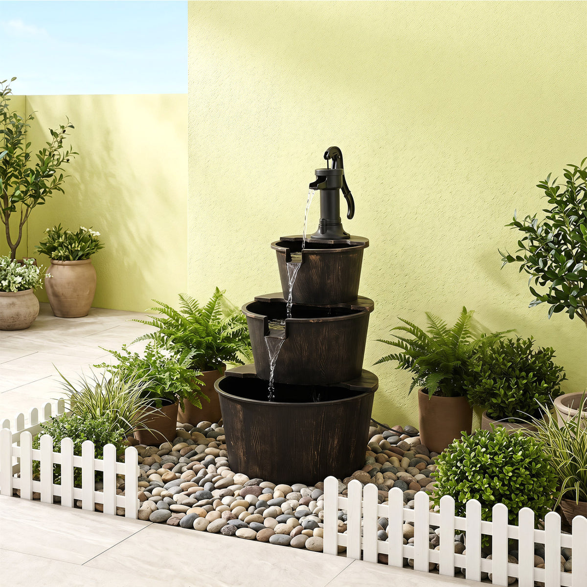 3-Tier Outdoor Barrel Waterfall Fountain with Electric Pump