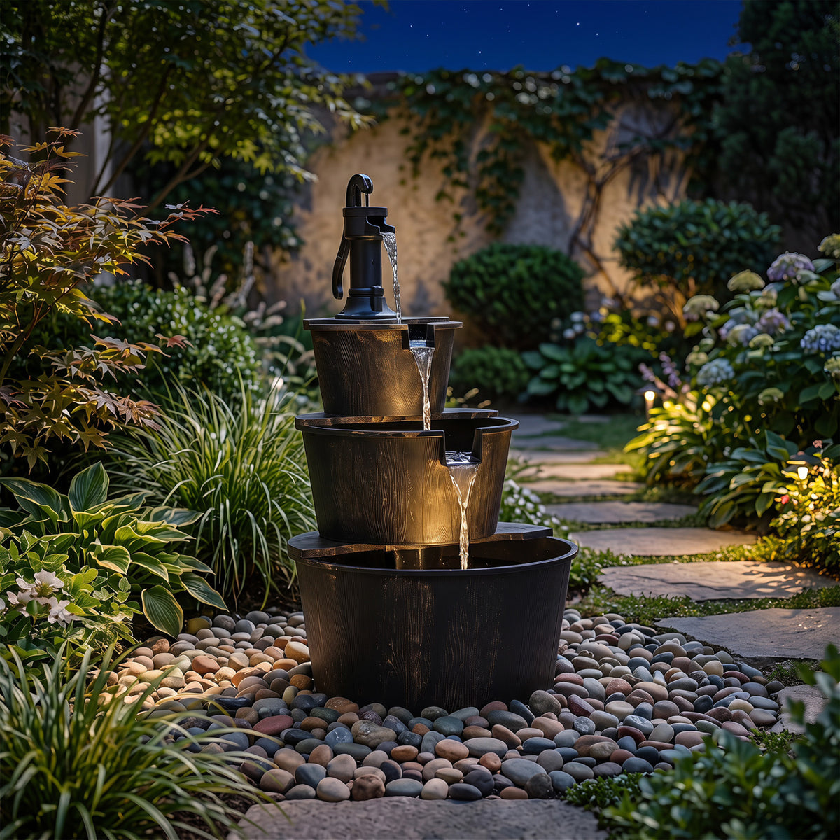 3-Tier Outdoor Barrel Waterfall Fountain with Electric Pump