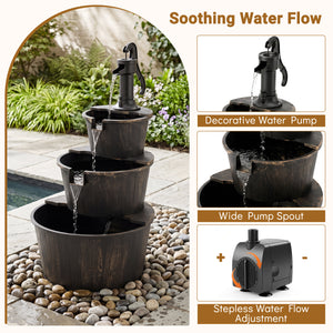 3-Tier Outdoor Barrel Waterfall Fountain with Electric Pump