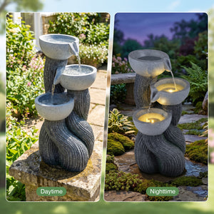 3-Tier Outdoor Water Fountain with LED Lights 18.5 Inch H for Patio Deck